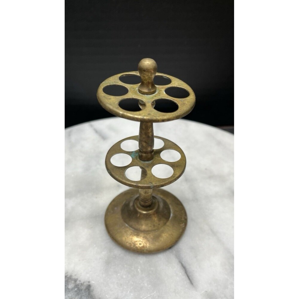 Vtg Brass 5" Two‑Tier Free Standing Toothbrush Trinket Holder Bathroom Vanity